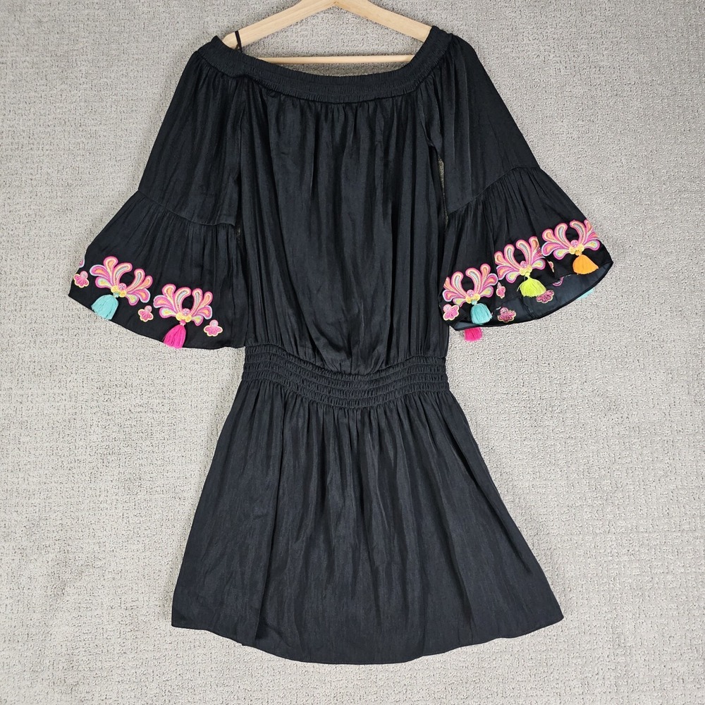 Lilly Pulitzer Polly Off The Shoulder Black Tunic Dress With Tassels Size S